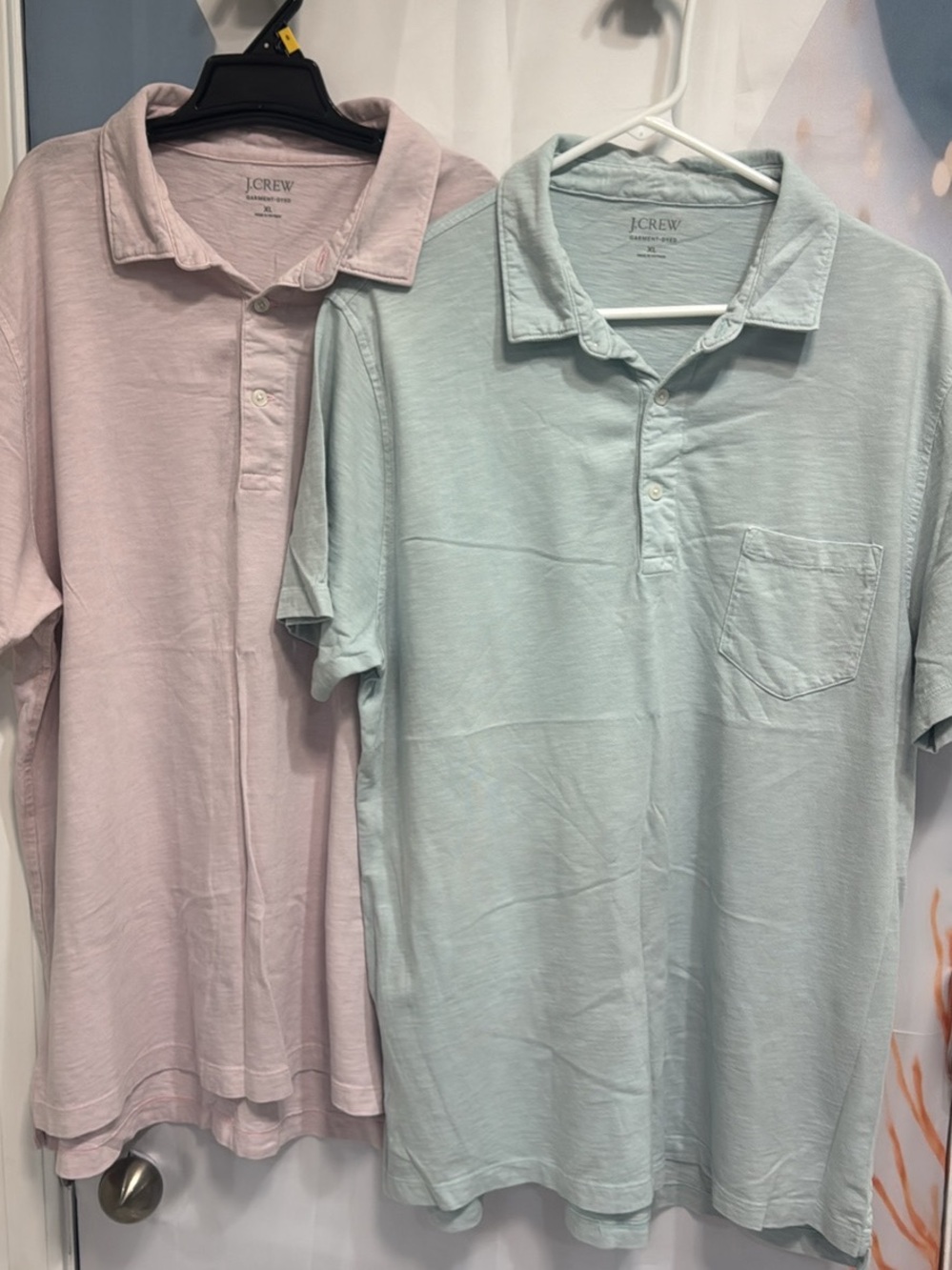 Lot (2) J. Crew Garment Dyed Slub Cotton Coastal Polo Shirts Blue / Pink - XL